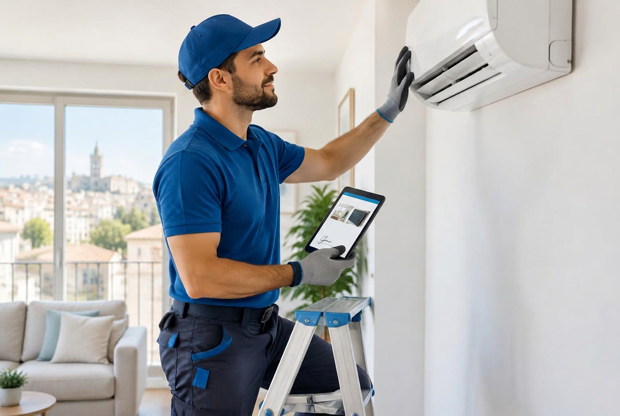 Technicien CLIMARAUJO installant un climatiseur mural et validant le compte rendu sur sa tablette
