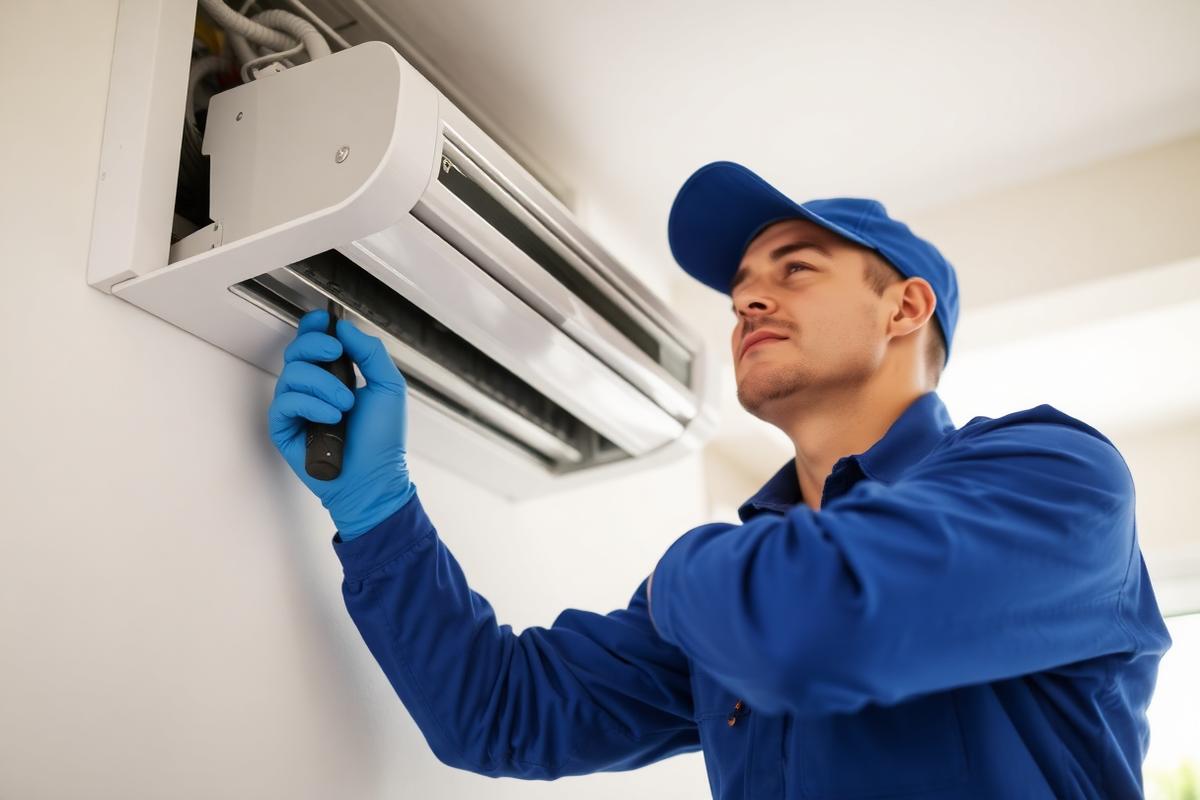 Technicien CLIMARAUJO installant un climatiseur mural
